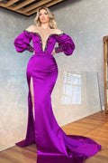 Vestidos de Satin de Gala con Mangas Largas, Estilo Sirena, Hombros Descubiertos, Frente Dividido y Abertura Lateral