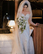Langarm Meerjungfrau-Trägerlos-Tüll-Brautkleid mit Applikationen und Spitze