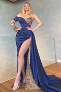 Vestido de Noche Largo de Sirena con Manga Larga, Un Solo Hombro, de Satén y Encaje, con Abertura Lateral
