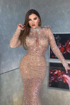 Long Sleeves High Neck Sequin Mermaid Formal Prom Dress