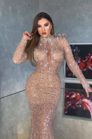 Long Sleeves High Neck Sequin Mermaid Formal Prom Dress
