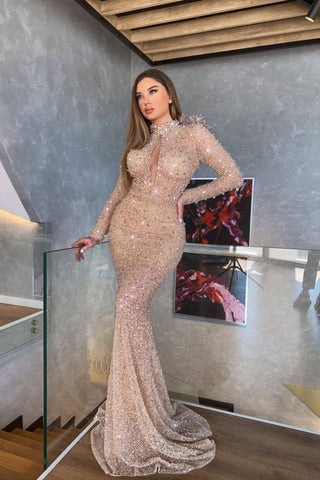 Long Sleeves High Neck Sequin Mermaid Formal Prom Dress