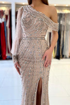 Long Sleeves Mermaid Beadings One Shoulder Evening Dress with Split