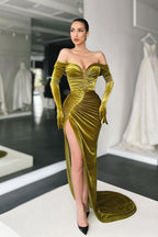 Long Sleeves Mermaid Off the Shoulder Velvet Formal Prom Dress with Split