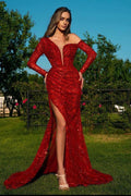 Robe de bal à manches longues en sequins avec décolleté en V, fente et traîne en écailles