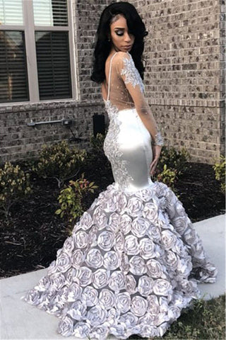 Long Sleeves Mermaid Tulle Satin Prom Dress with Applique Lace