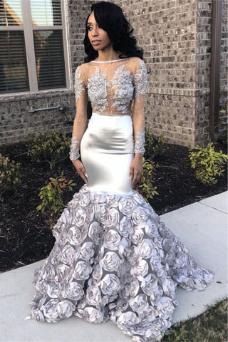 Long Sleeves Mermaid Tulle Satin Prom Dress with Applique Lace