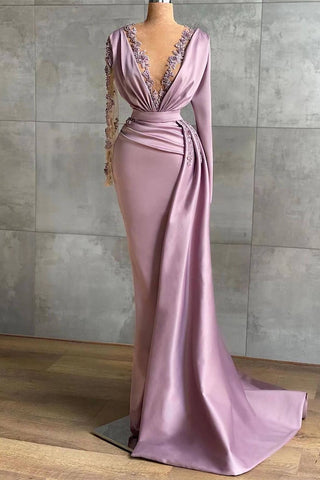 Long Sleeves Mermaid V-Neck Applique Lace Satin Prom Dress with Ruffles