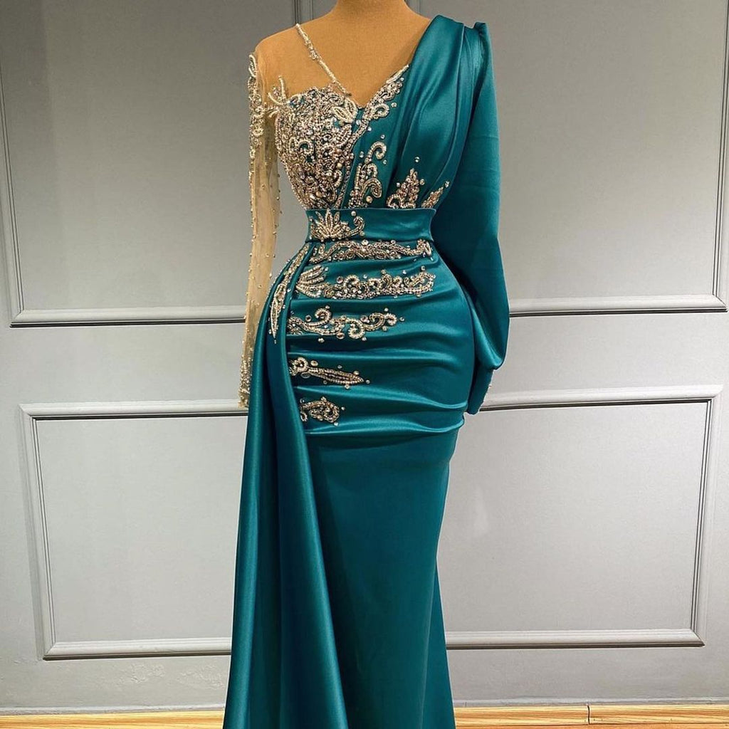 Long Sleeves Mermaid V-neck Satin Prom Dress with Side Swept Wrap