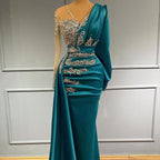 Long Sleeves Mermaid V-neck Satin Prom Dress with Side Swept Wrap