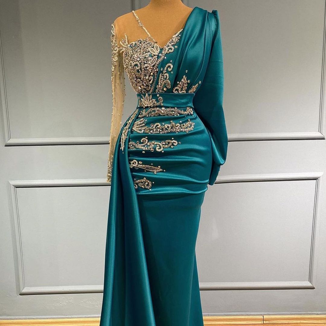 Long Sleeves Mermaid V-neck Satin Prom Dress with Side Swept Wrap
