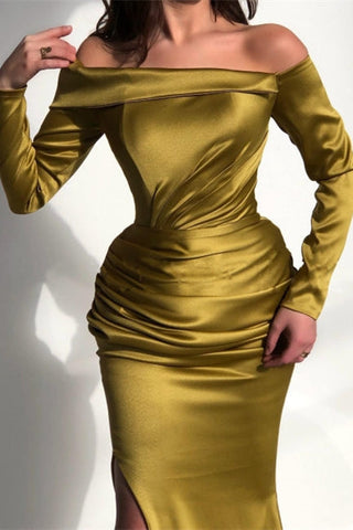 Long Sleeves Off the Shoulder Satin Mermaid Prom Dress with Split