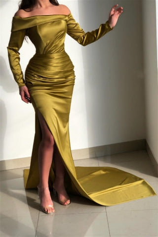 Long Sleeves Off the Shoulder Satin Mermaid Prom Dress with Split