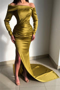 Vestido de Gala Sirena de Satin con Mangas Largas, Hombros Descubiertos y Abertura