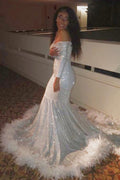 Vestido Largo de Gala Tipo Sirena con Lentejuelas, Manga Larga y Hombros Descubiertos con Plumas