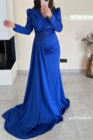 Dark Green Long Sleeves Ruffle Beads Satin Mermaid Prom Dress with Front Split