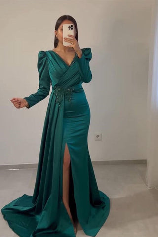 Dark Green Long Sleeves Ruffle Beads Satin Mermaid Prom Dress with Front Split