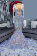 Abiti da Sera Lunghi con Maniche Lunghe a Scollo a V e Decorazioni di Paillettes a Coda di Sirena