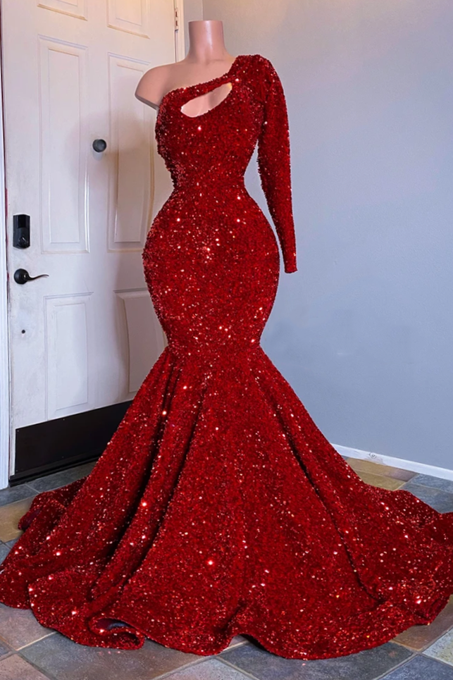 Long Sleeves Sequins Mermaid One Shoulder Formal Prom Dress