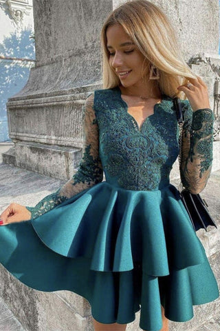 Long Sleeves Short A-line V-neck Satin Prom Dress with Appliques Lace