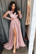 Long Sleeves Split A-line V-neck Chiffon Evening Dress with Lace Appliques