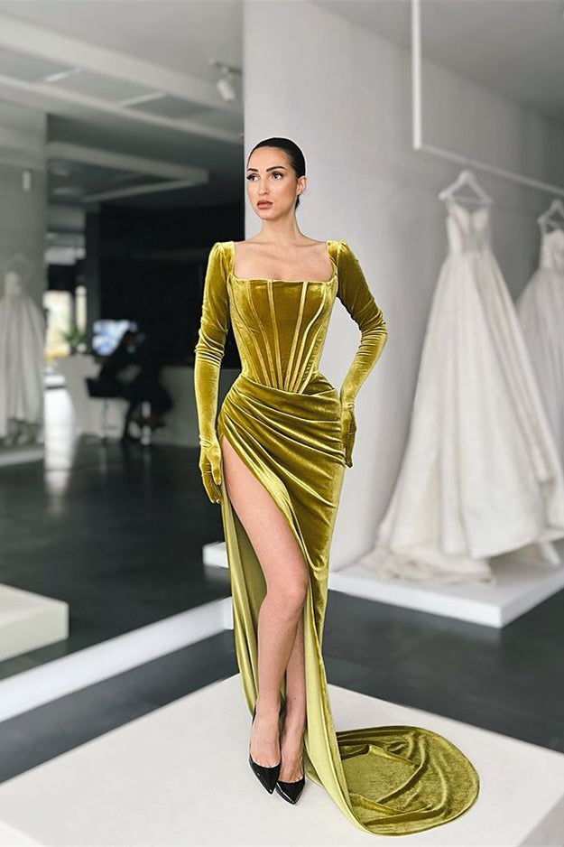 Long Sleeves Square Mermaid Velvet Formal Prom Dress with Slit