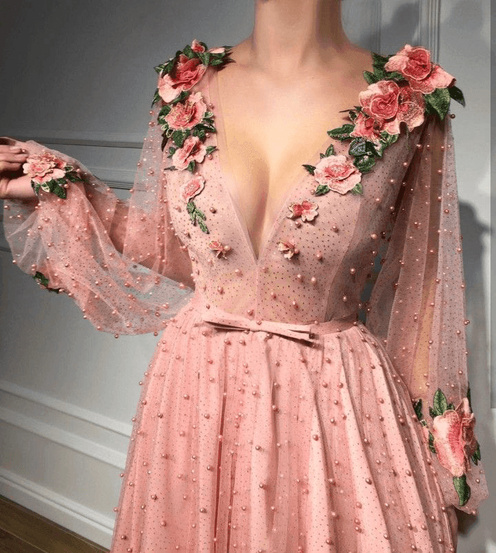 Vestidos de baile cor-de-rosa com mangas compridas, decote em V, flores 3D, vestidos de cerimónia PSK063