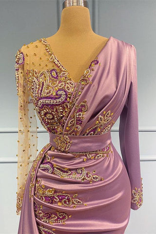 Long Sleeves V-Neck Mermaid Satin Prom Dress with Beadings