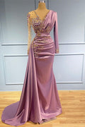 Vestido de Satén de Fiesta con Mangas Largas, Escote en V y Cola de Sirena con Abalorios