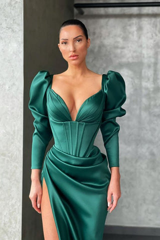 Long Sleeves V-Neck Satin Mermaid Prom Dress with Slit