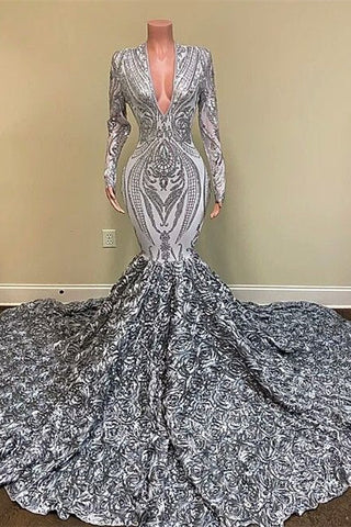 Long Sleeves V-Neck Sequins Lace Mermaid Prom Dress with Flowers Bottom