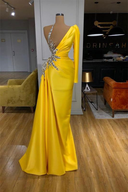 Long Sleeves Yellow Mermaid One Shoulder Satin Prom Dress
