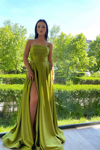 Long Strapless A-Line Satin Front Slit Prom Dresses with Pockets