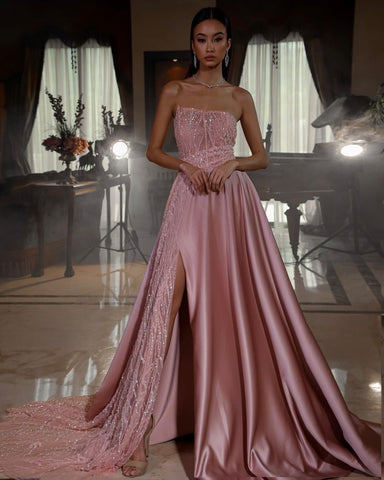 Long Strapless Sleeveless Sequins A-Line Prom Dress with Split
