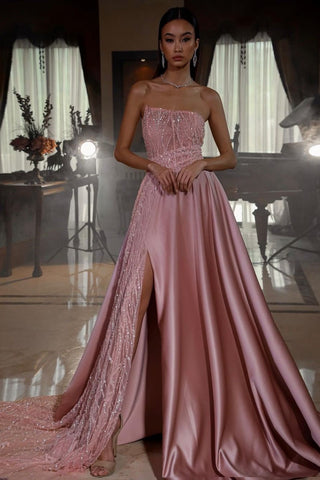 Long Strapless Sleeveless Sequins A-Line Prom Dress with Split