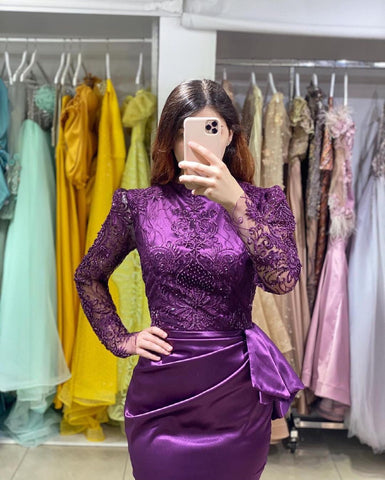 Long Stretch Satin Jewel Lace Mermaid Prom Dress with Sleeves