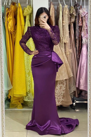 Long Stretch Satin Jewel Lace Mermaid Prom Dress with Sleeves