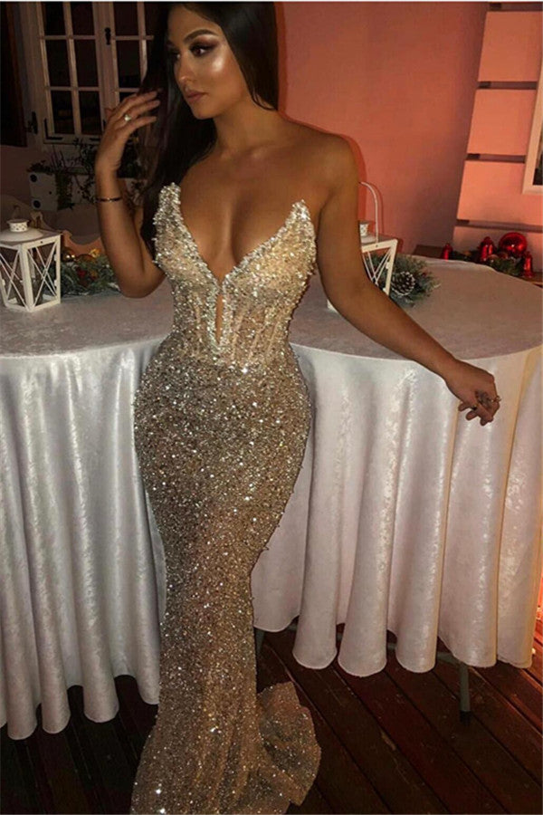 Long Sweetheart Mermaid Sequined Prom Dress