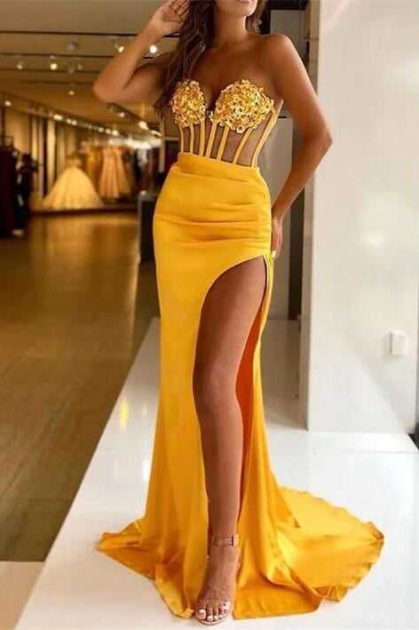 Long Sweetheart Sleeveless Satin Mermaid Prom Dress with Split