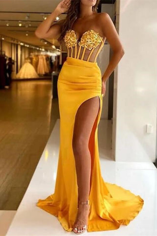 Long Sweetheart Sleeveless Satin Mermaid Prom Dress with Split