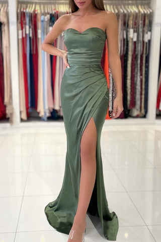 Long Sweetheart Stretch Satin Mermaid Prom Dresses with Slit