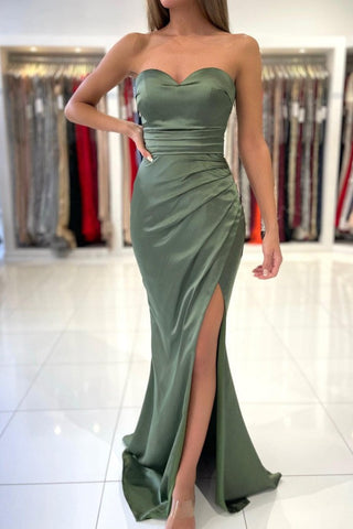 Long Sweetheart Stretch Satin Mermaid Prom Dresses with Slit