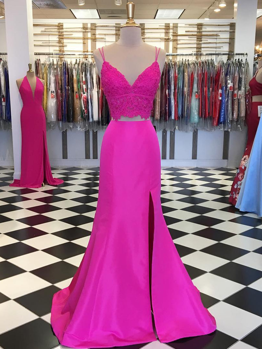 Langes, zweiteiliges Meerjungfrau-Ballkleid mit V-Ausschnitt, Satinspitze und Fuchsia