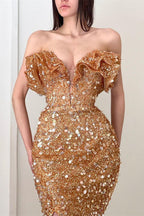 Long V Neck Pleated Sequins Mermaid Prom Dress With Slit