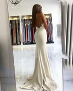 Long V-neck Spaghetti Straps Mermaid Satin Open Back Prom Dress