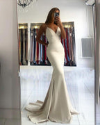 Long V-neck Spaghetti Straps Mermaid Satin Open Back Prom Dress