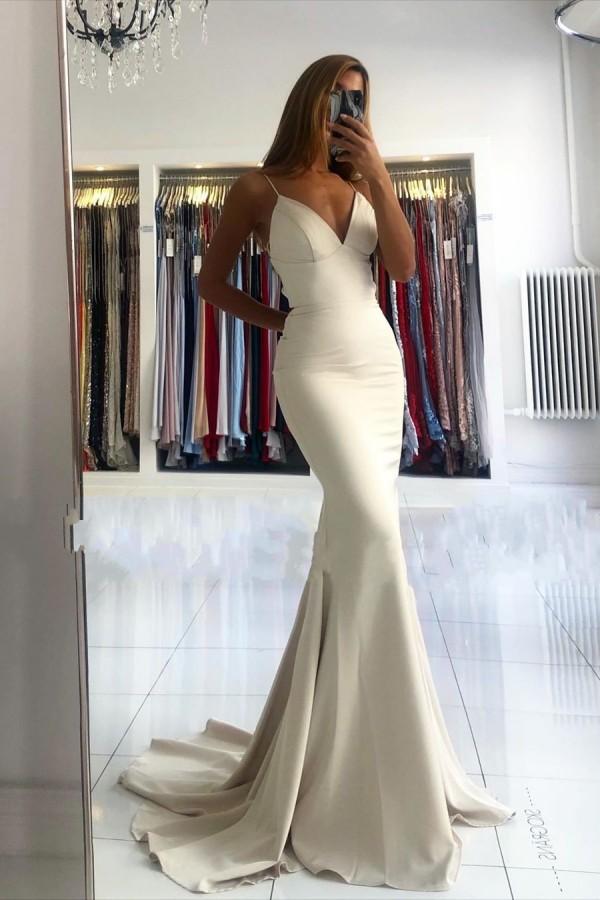 Long V-neck Spaghetti Straps Mermaid Satin Open Back Prom Dress