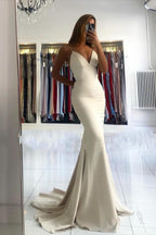Long V-neck Spaghetti Straps Mermaid Satin Open Back Prom Dress