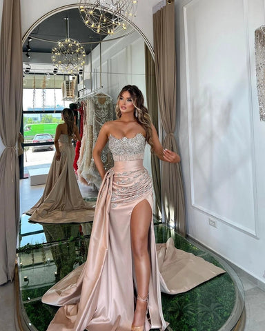 Long Mermaid Satin Sleeveless Sweetheart Satin Evening Dresses with Slit