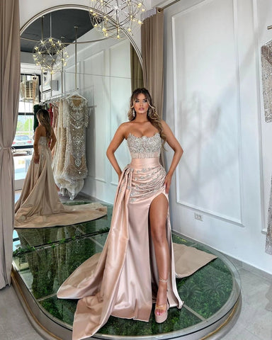 Long Mermaid Satin Sleeveless Sweetheart Satin Evening Dresses with Slit
